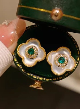 天然贝母幸运四叶草耳钉女S925纯银针精致绿色锆石耳环网红耳饰品