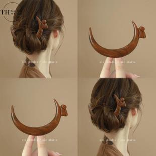 月是天上明!玄月兔檀木发簪!新中式簪子马面裙配饰女盘发器发钗