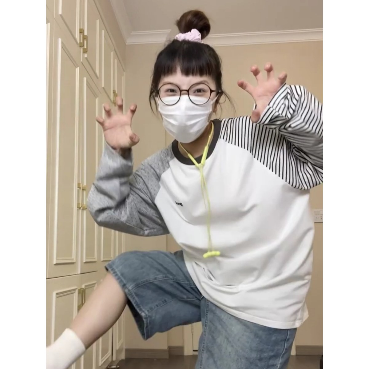 韩系设计感袖子波点条纹撞色拼接插肩长袖T恤女秋季宽松小众上衣