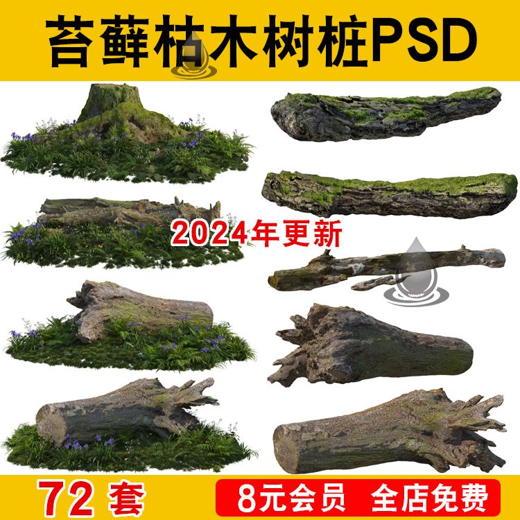 枯木苔藓植物组团psd免抠图苔藓蕨类树桩植物环艺景观效果图配景