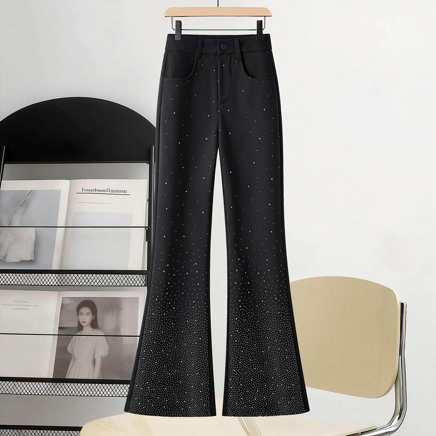 黑色满天星烫钻微喇裤女2026年春季高腰修身设计感慵懒风喇叭裤,女装/女士精品,休闲裤,淘宝优惠券,粉丝福利购,淘宝优惠卷