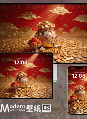 马年氛围感8K高清壁纸手机ipad平板电脑招财红色喜庆插画卡通壁纸
