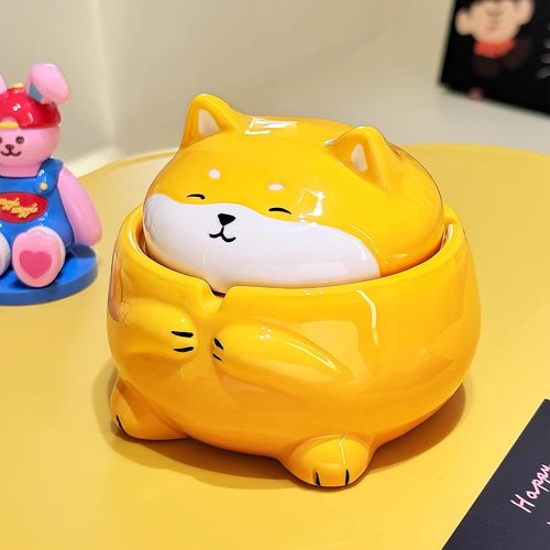 柴犬烟灰缸高级感轻奢创意带盖子办公室灰缸家用客厅防飞灰烟缸摆