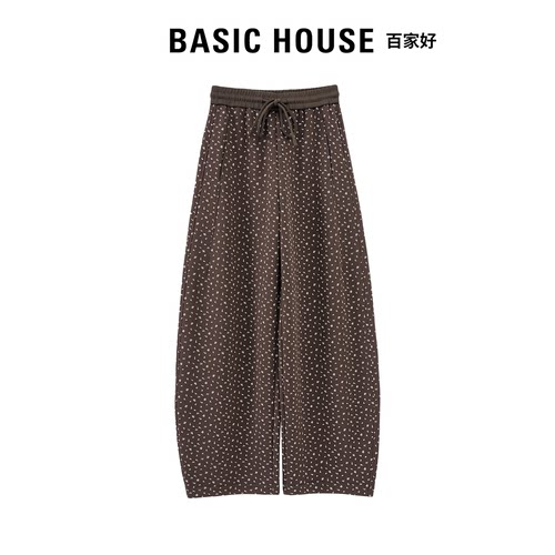 Basic House百家好2026秋季韩系高腰休闲裤女松紧腰小碎花弯刀裤