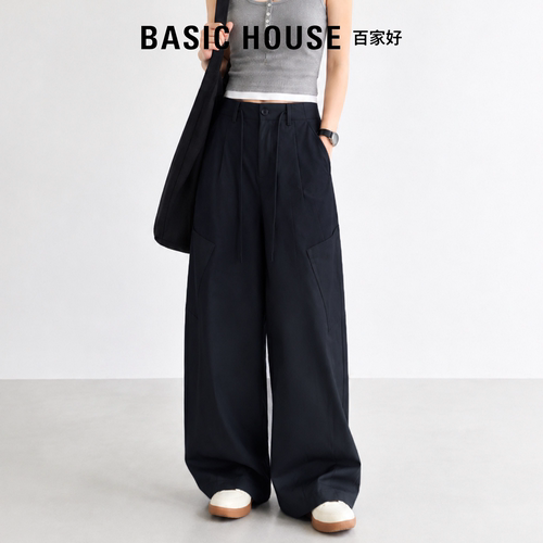 Basic House百家好2026新款复古百搭工装裤女高腰显瘦休闲弯刀裤