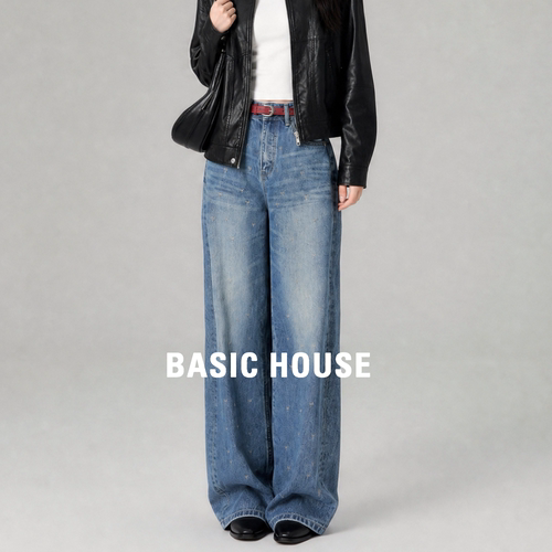 Basic House百家好复古纯棉牛仔裤女2026秋季高腰宽松显瘦直筒裤