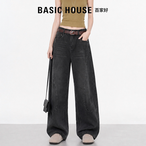 Basic House百家好2026新款复古牛仔裤女梨形显瘦高腰百搭弯刀裤