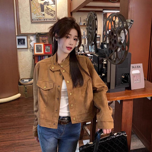 立领鹿皮绒外套女宽松显瘦2025早秋新短款长袖夹克百搭上衣小个子