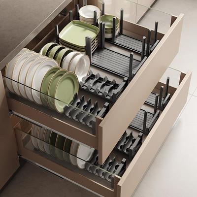 枪灰厨房碗碟架抽屉橱柜餐具内置分格碗架家用可调节台面置物架