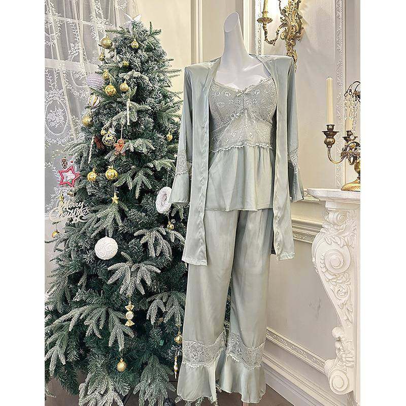 吊带蕾丝拼接三件套性感带胸垫秋冬季高级感冰丝丝绸套装家居服,女士内衣/男士内衣/家居服,睡袍/浴袍,淘宝优惠券,粉丝福利购,淘宝优惠卷