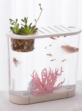 高cbj-xtc清透明塑料鱼缸璃家用厅金鱼缸小型仿玻造客景生态桌面