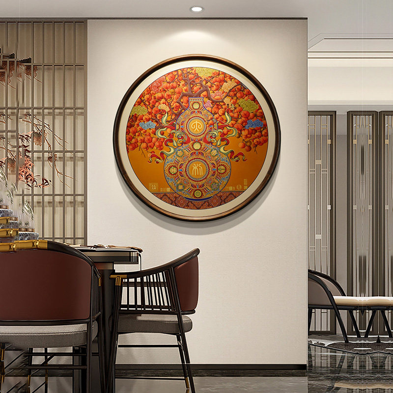 葫芦挂画装饰画红色圆形玄关画卧室风水画高级感新中式铜画柿子画