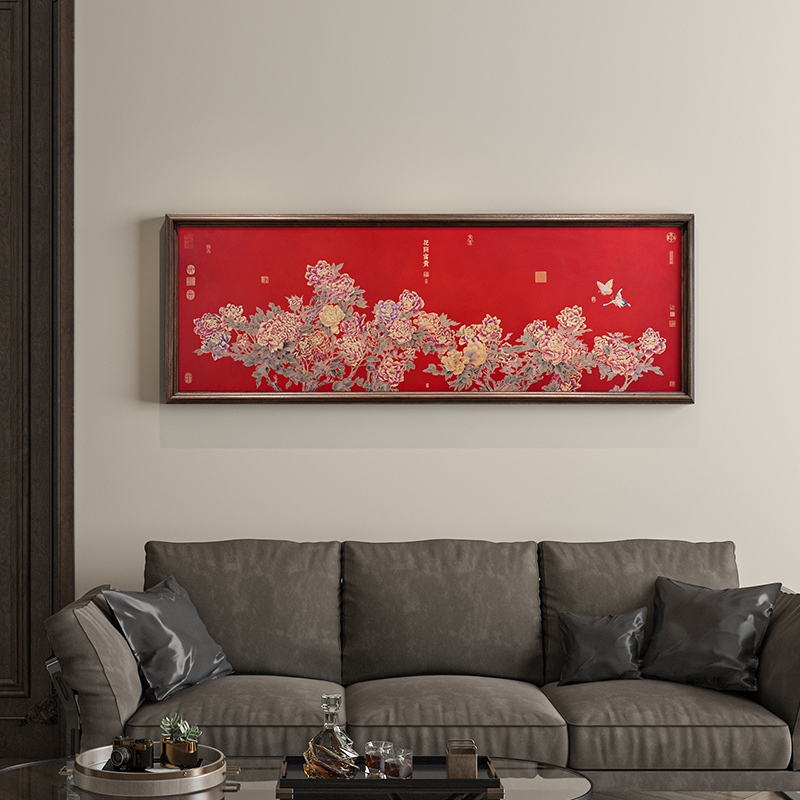 客厅装饰画大厅沙发背景墙壁画牡丹挂画大气国画新中式实木铜雕画图片