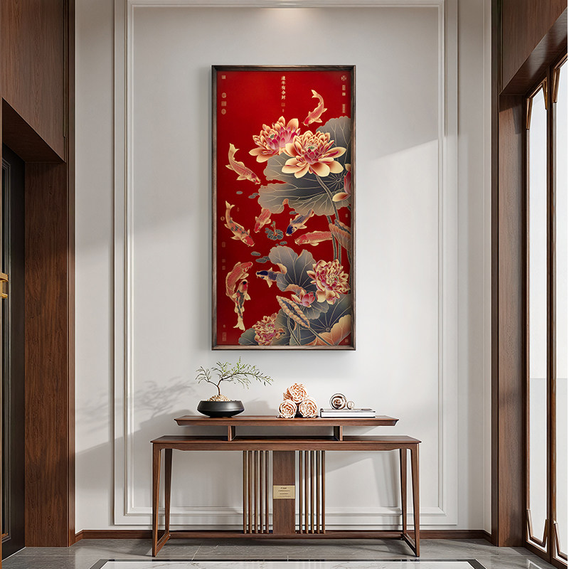 玄关画装饰画客厅走廊过道新款九鱼图中式正对门国画聚财锦鲤铜画