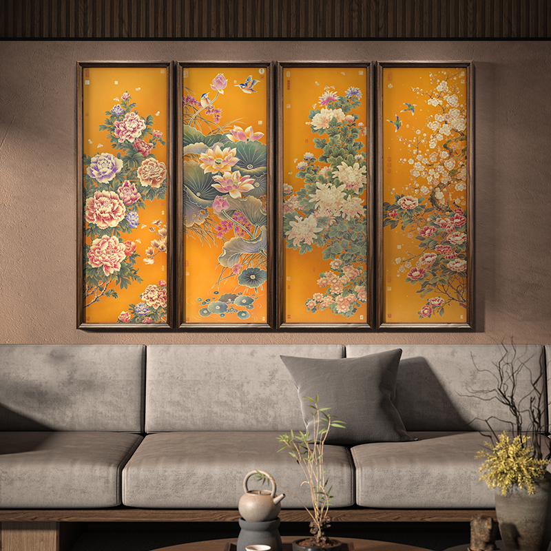 新中式四联屏客厅装饰画春夏秋冬植物花卉挂画复古中堂背景墙装饰图片