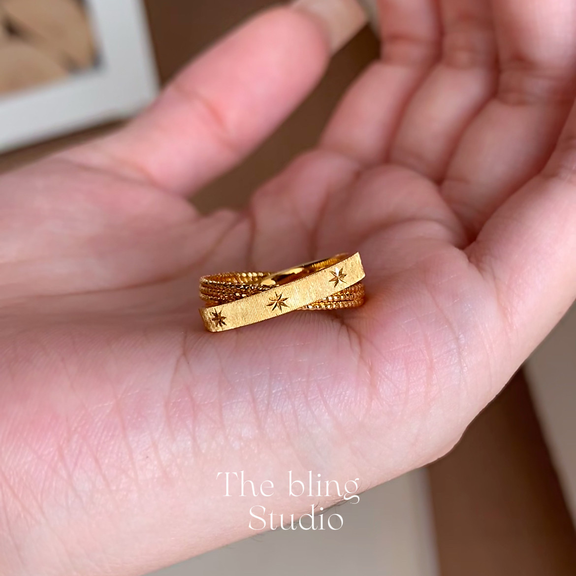 拉丝六芒星双环戒指女厚镀金不掉色S925纯银中古风精致叠戴指环