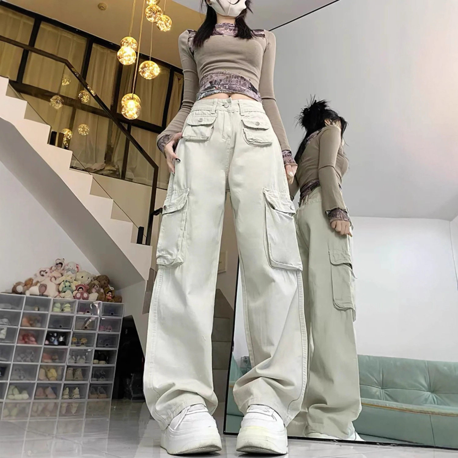 新塘牛仔季美式街头白色工装裤女休闲高腰宽松显瘦阔腿牛仔裤子