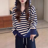 针织衫 半拉链毛衣帽衫 女装 新款 显瘦上衣卫衣 2026秋季 条纹连帽长袖