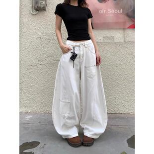 美式复古白色阔腿弯刀裤牛仔裤女款显瘦宽松明显口袋设计垂感长裤