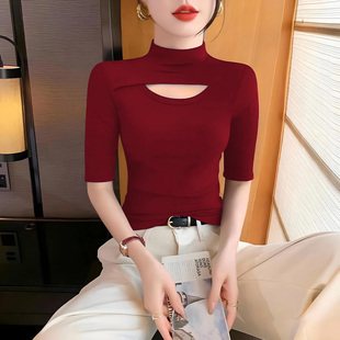 黑色螺纹半高领镂空中袖t恤女春秋修身设计感打底衫内搭中领上衣