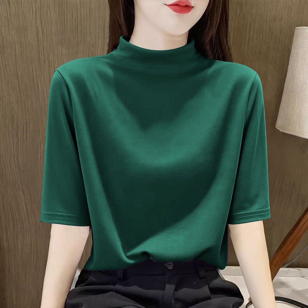 2026新款绿色半高领五分袖针织衫女夏季宽松显瘦简约中袖T恤上衣