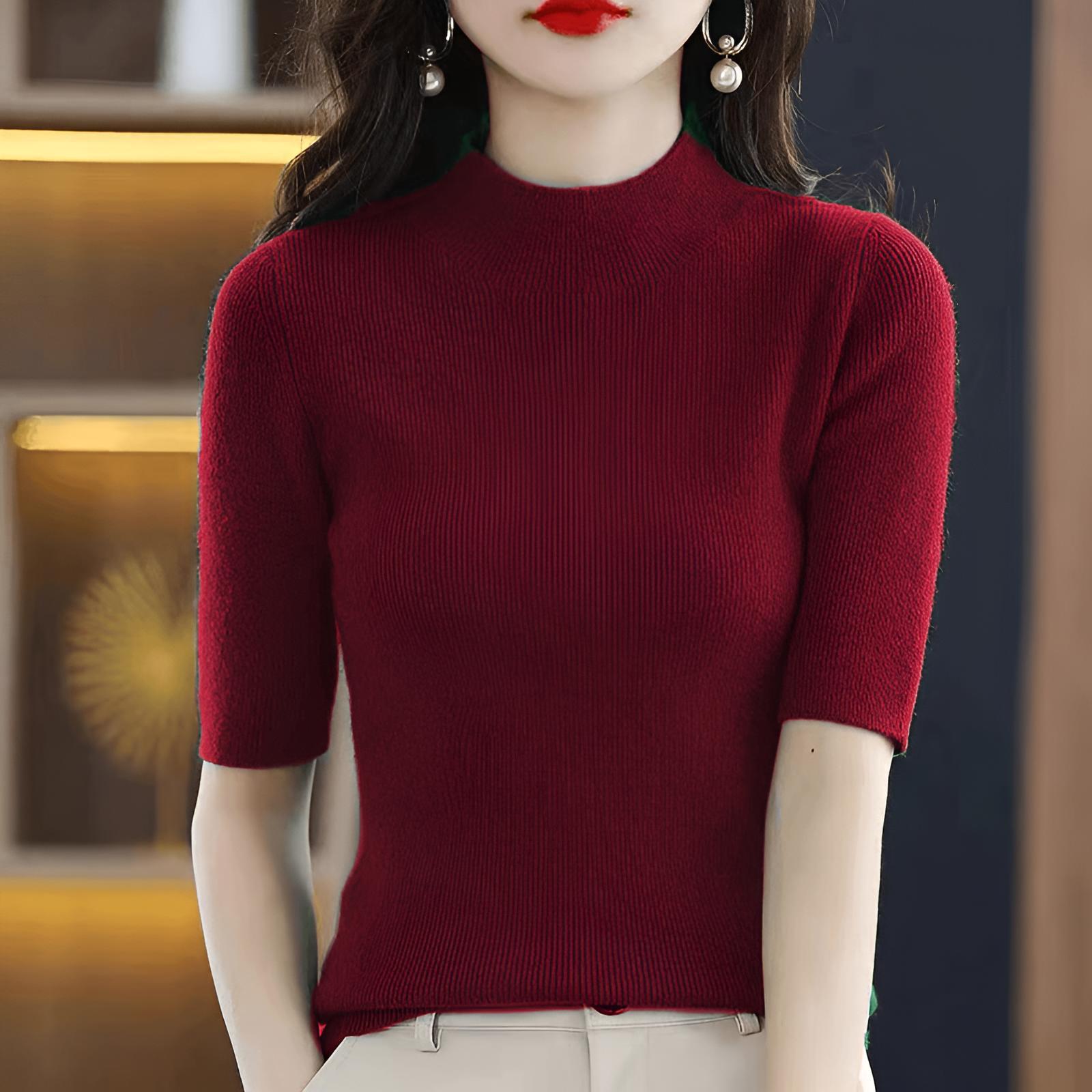 梵姿倪新款半高领纯色针织短袖