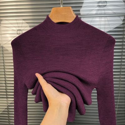 乌梅紫半高领无缝一体毛衣
