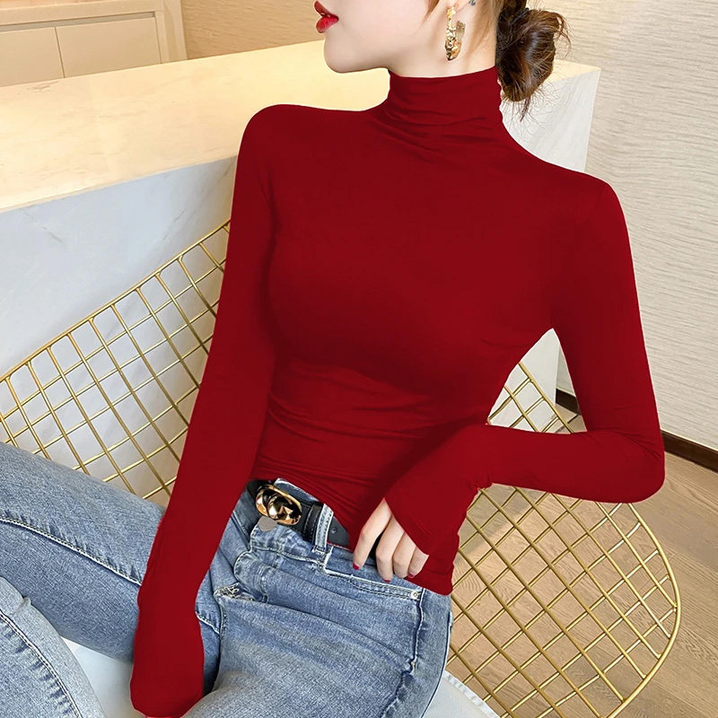 法式新年红色打底衫女秋冬配大衣内搭长袖高级感修身高领针织上衣