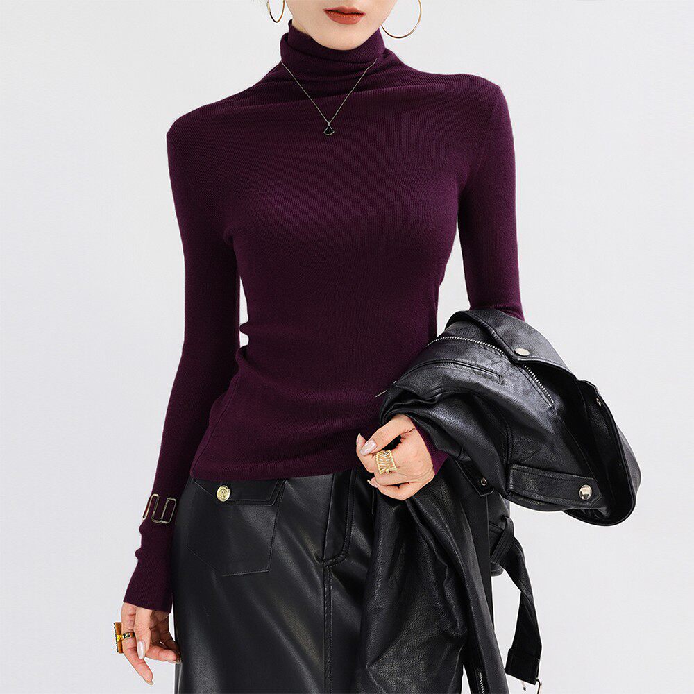 高领修身针织软糯羊毛紫色打底衫