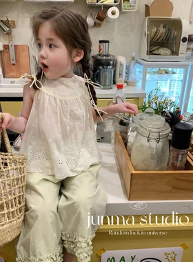 opolala童装女童宝宝儿童新款夏装韩系露背绣花娃娃衫上衣休闲裤