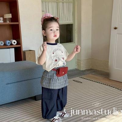 opao童装女童宝宝儿童夏装新款卡通短袖T恤工装裤两件套装屁帘