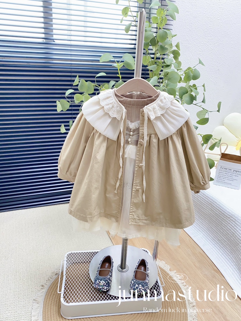 潮啦童装女童女宝宝儿童春装C3韩版拼接棉布蕾丝花边领风衣外套