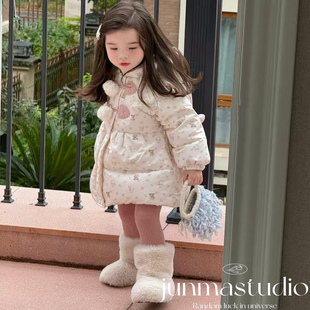 opao童装女童宝宝儿童冬装韩系卡通碎花连帽羽绒服白鸭绒保暖外套