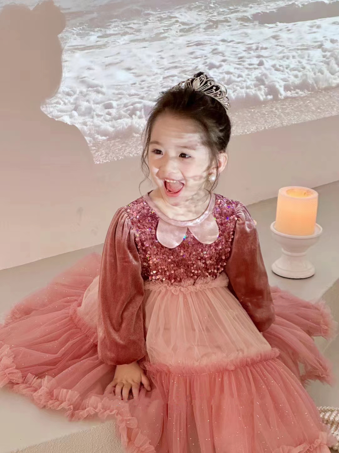 清仓！樱桃品牌童装女童女宝冬装娃娃领加绒连衣裙公主裙网纱裙