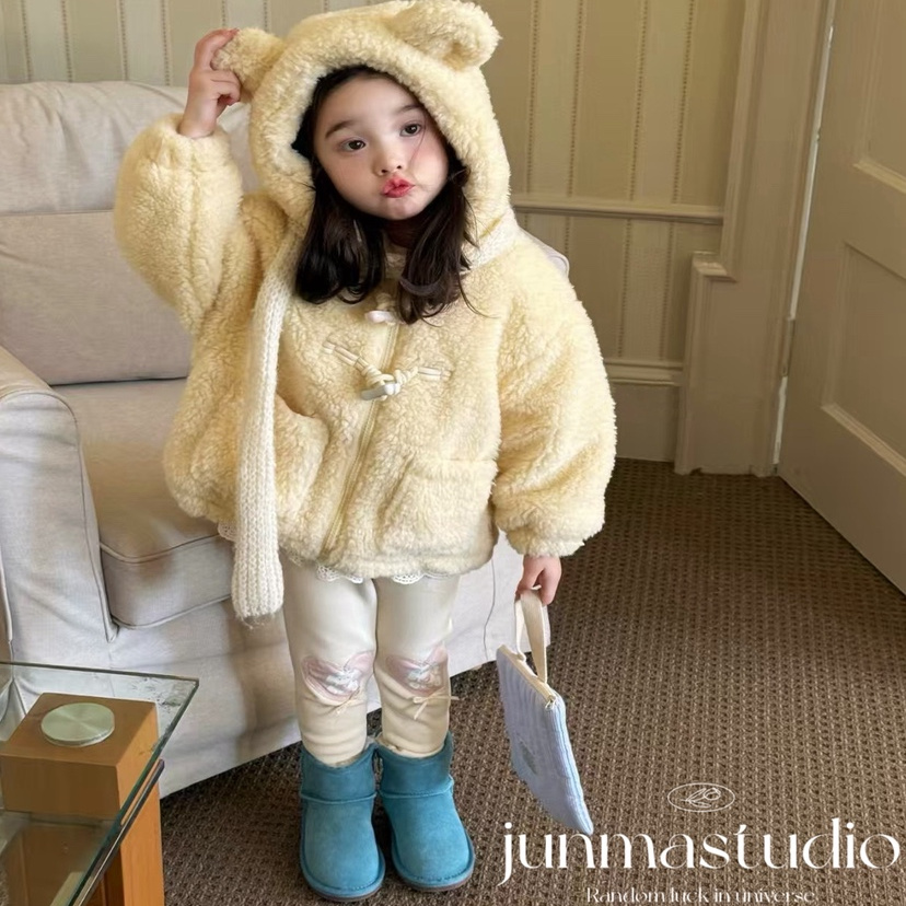 opao童装女童宝宝儿童冬装奶呼呼加棉小熊耳朵毛毛外套棉衣棉服