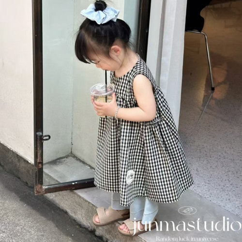 TF童装女童宝宝儿童夏装韩系格子连衣裙棉布裙阔腿牛仔裤8分裤