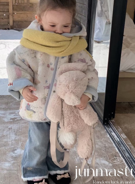 AH童装女童宝宝儿童冬装新款卡通皮毛一体外套大衣加绒喇叭牛仔裤