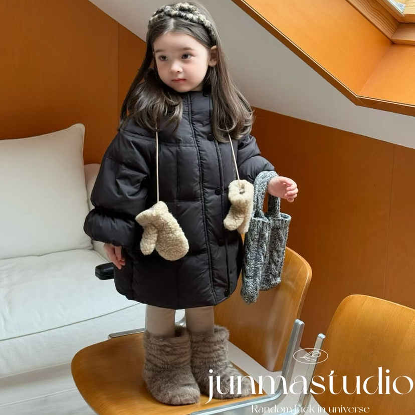 opao童装女童宝宝儿童冬装新款木耳边连帽羽绒服中长款白鸭绒外套