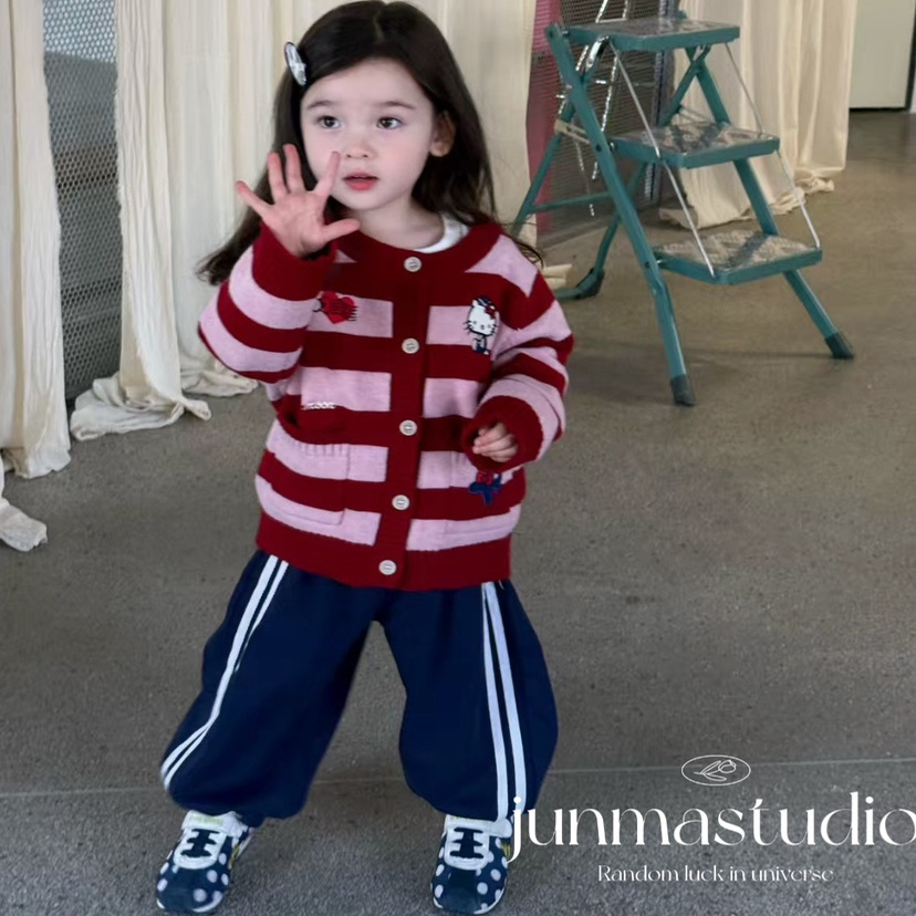 minie moon童装女童宝宝儿童秋装新款韩系KT条纹开衫毛衣外套T恤