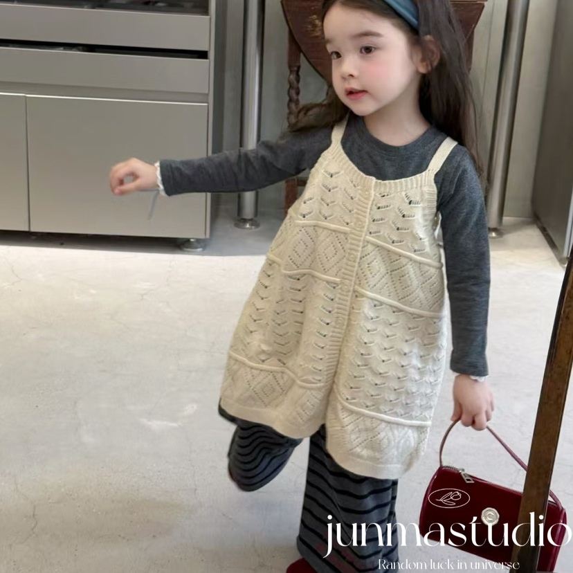 opao童装女童宝宝儿童秋装钩花背心裙连衣裙爱心T恤条纹直筒裤子