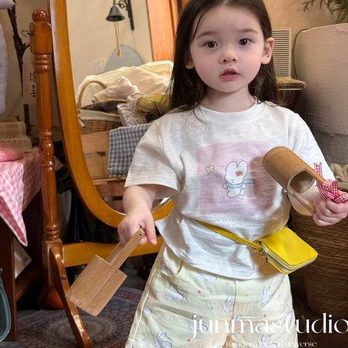 opao童装女童宝宝儿童夏装新款韩系小兔子短袖T恤上衣卡通短裤