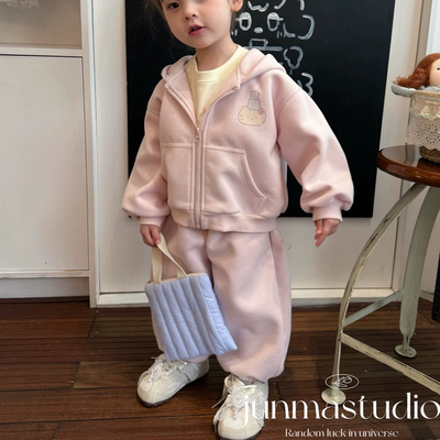 opolala童装女童宝宝儿童秋装小熊耳朵连帽卫衣外套运动裤套装