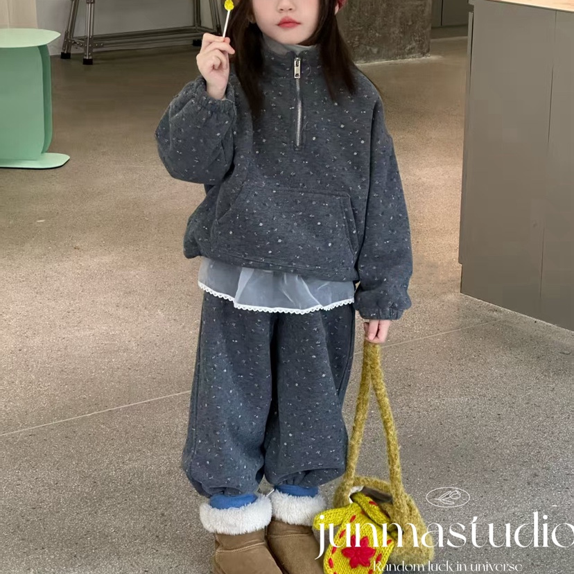 品牌童装女童中童儿童冬装新款韩系加厚加绒碎花卫衣运动裤套装