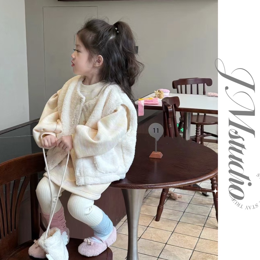 正版opao童装女童宝宝儿童冬装新款小象加绒卫衣裙毛毛马甲打底裤