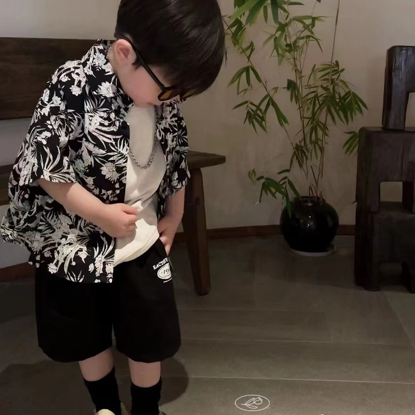 品牌童装男童男宝宝儿童夏装韩版短袖花衬衣渣男衬衫黑色短裤