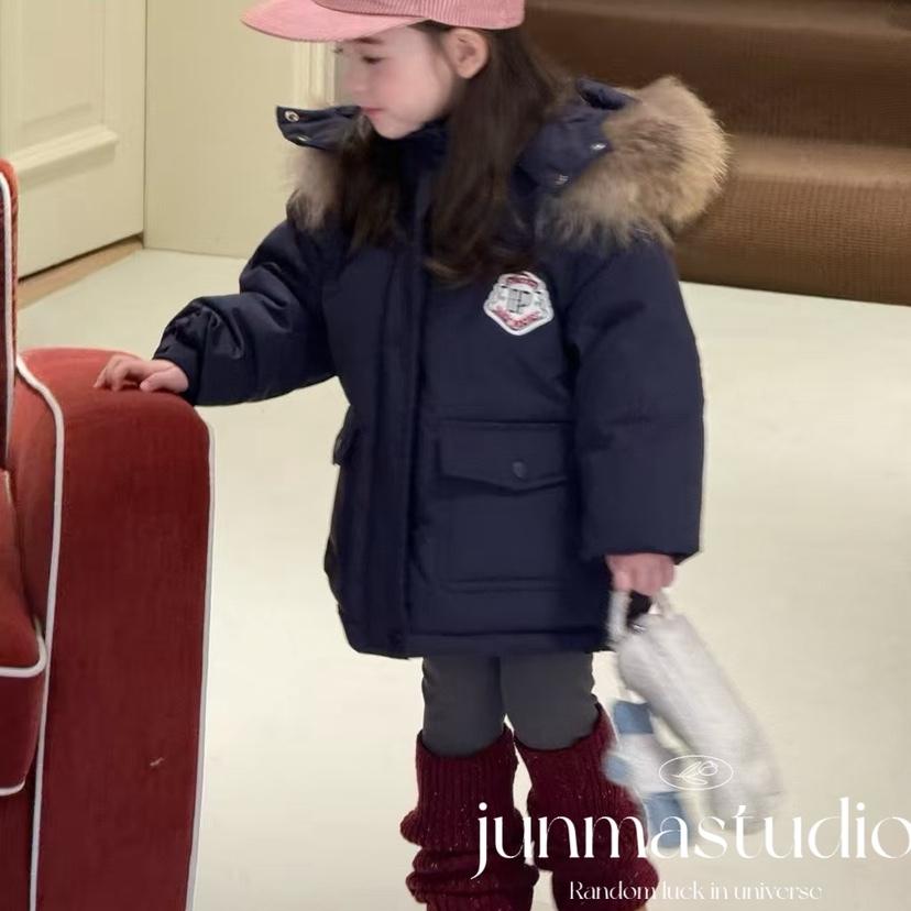 opao童装男女童宝宝儿童冬装大毛领工装风派克羽绒服白鸭绒外套