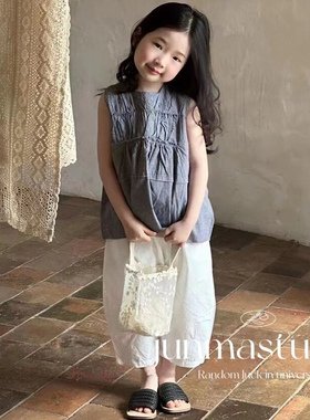 橘几童装女童宝宝儿童夏装J2森系细格棉麻背心白色休闲裤长裤