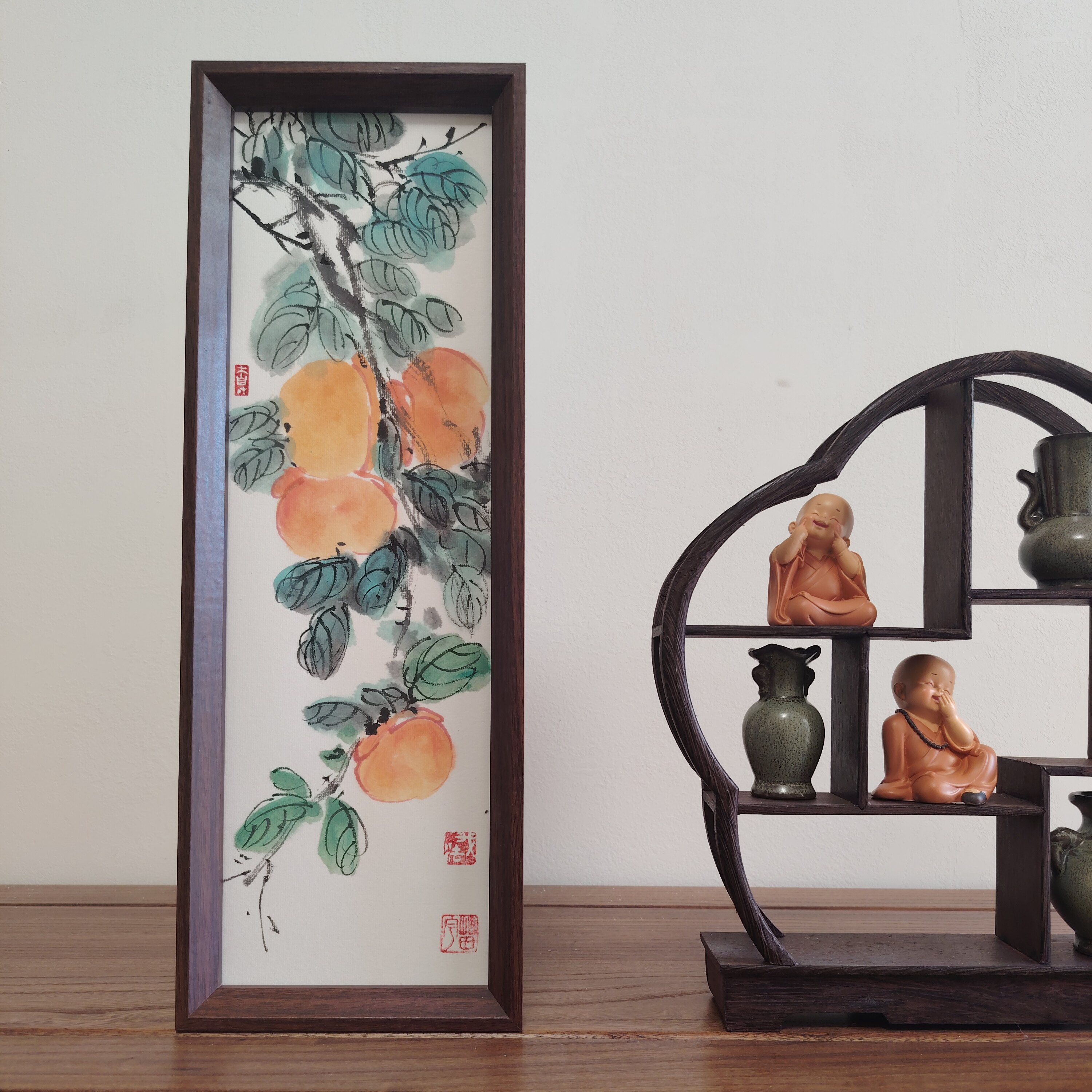 原创手绘国画摆台桌摆花鸟画文创装饰画小品实木画框书房客厅