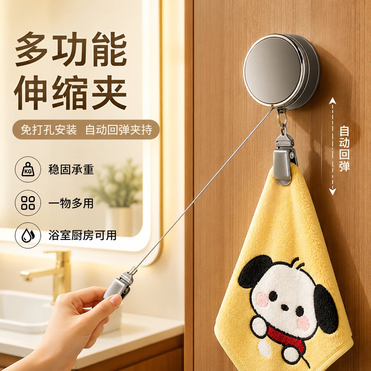 免打孔自动回弹伸缩擦手巾挂钩