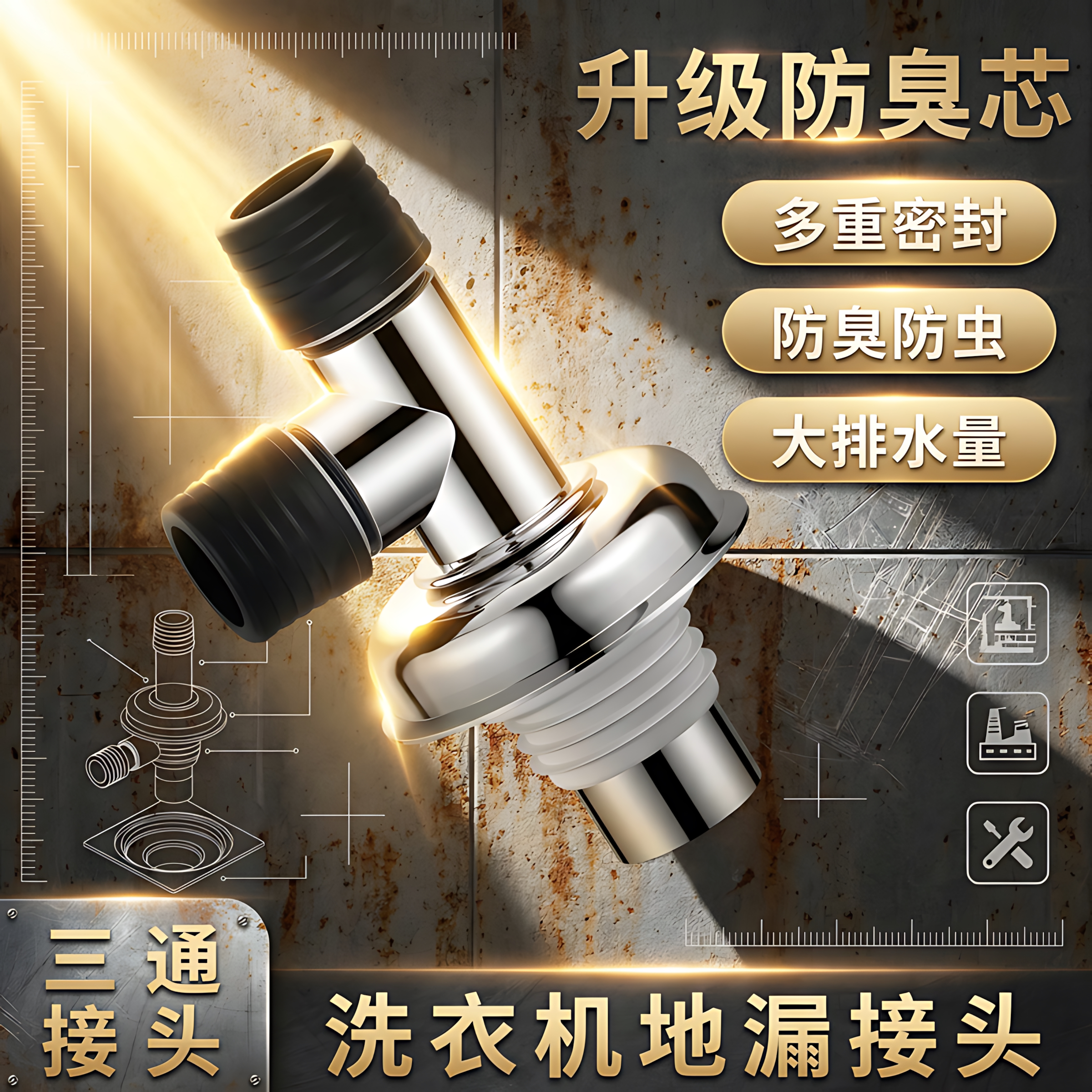 洗衣机下水管三头通地漏双排水专用接头排水管道二合一防臭防溢水